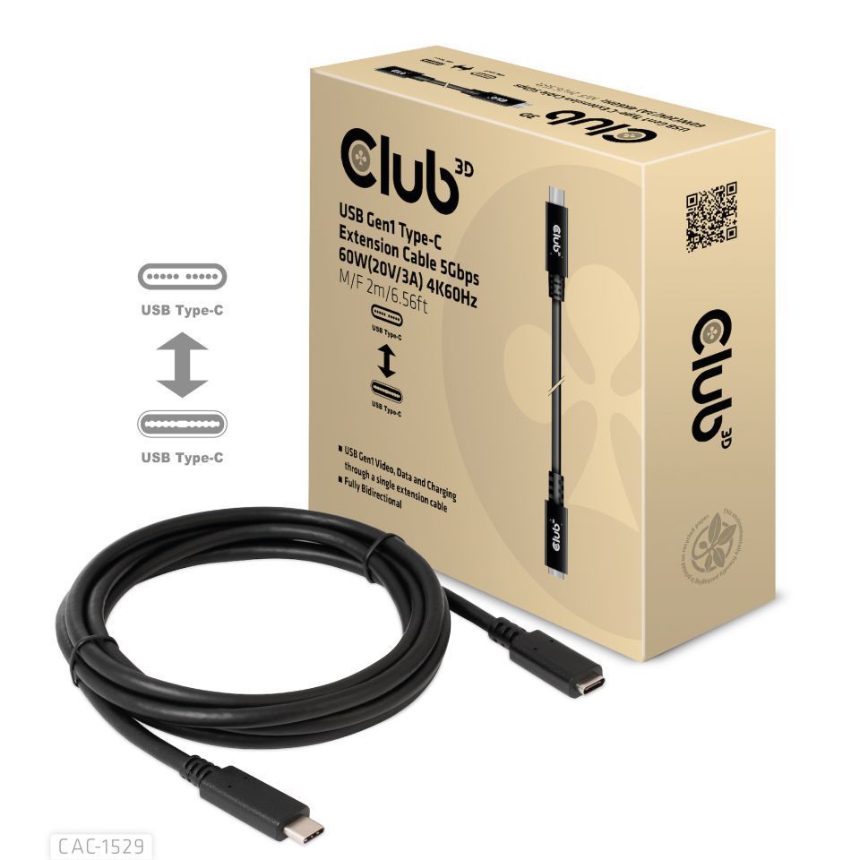 Club3D USB Gen1 Type-C Extension cable 2m Black