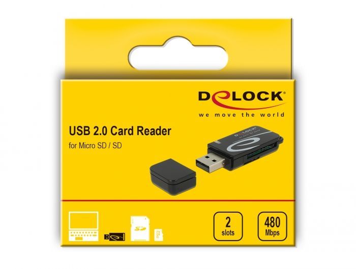 DeLock Mini USB 2.0 with SD and Micro SD Slot Card Reader Black