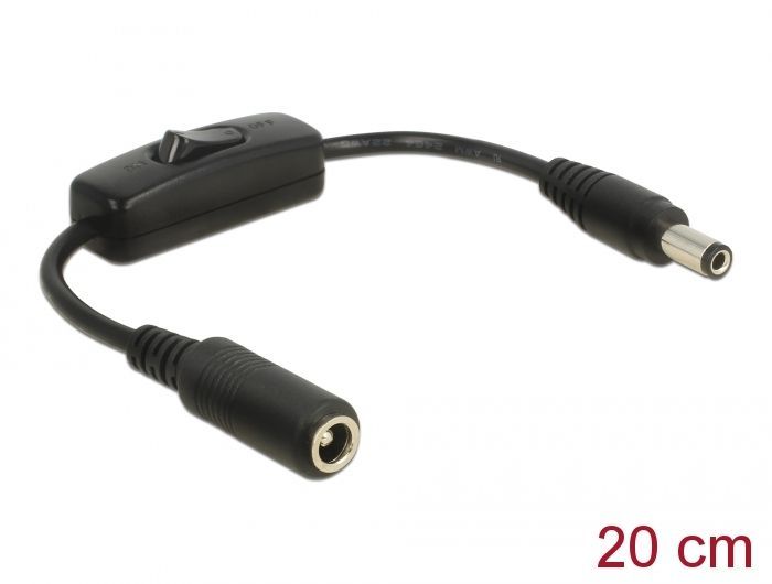 DeLock DC 5.5 x 2.5 mm male > DC 5.5 x 2.5 mm female with switch 20cm Adapter cable Black
