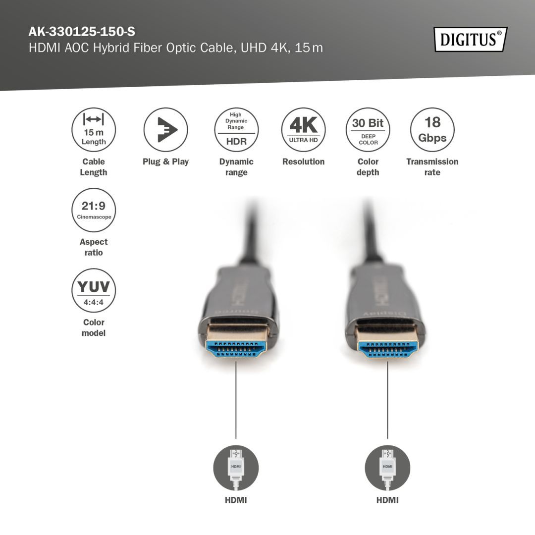 Digitus HDMI AOC Hybrid Fiber Optic Cable UHD 4K 15m Black