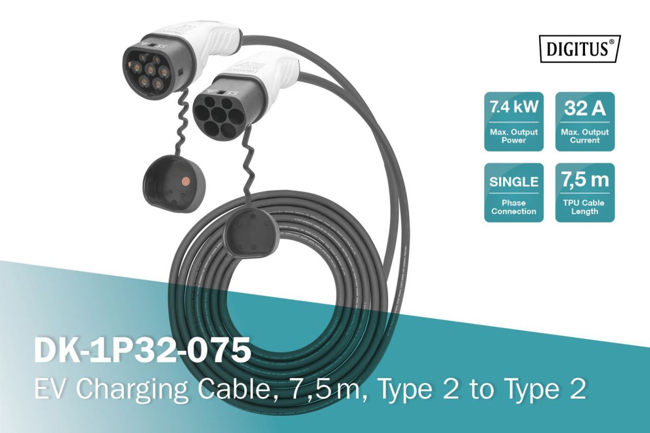 Digitus EV charging cable type 2 to type 2 7,5m Black