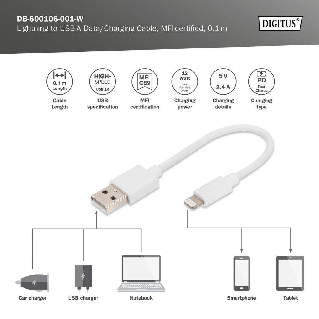 Digitus Lightning to USB-A data/charging cable MFI-certified 0,1m White
