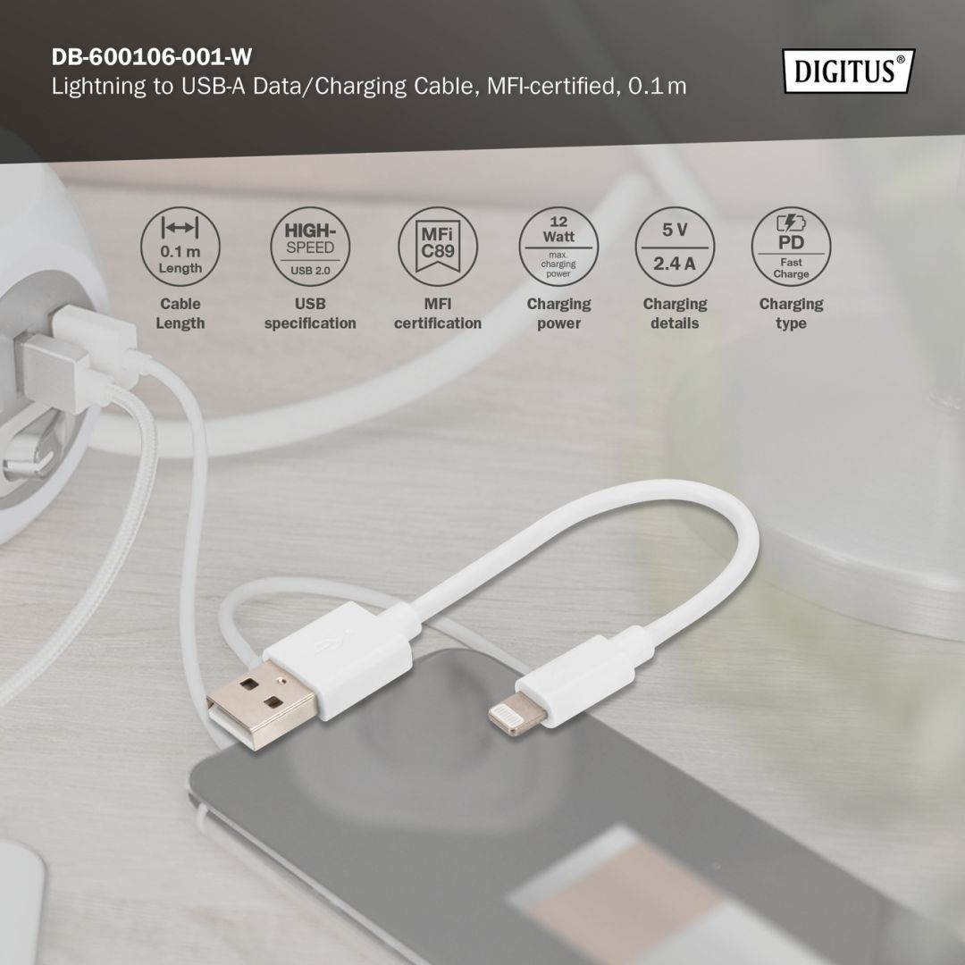 Digitus Lightning to USB-A data/charging cable MFI-certified 0,1m White