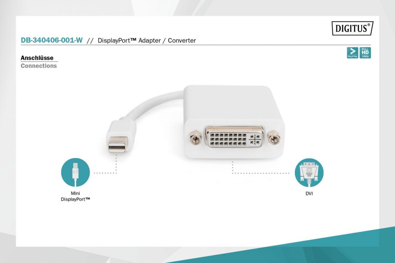 Digitus Mini DisplayPort Adapter/Converter Mini DP to DVI-I 0,15m White