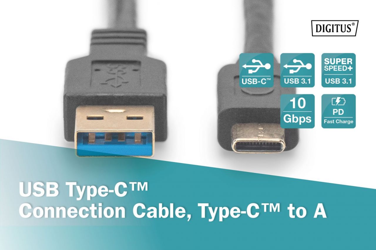 Digitus USB Type-C connection cable Gen2 Type- to A 1m Black