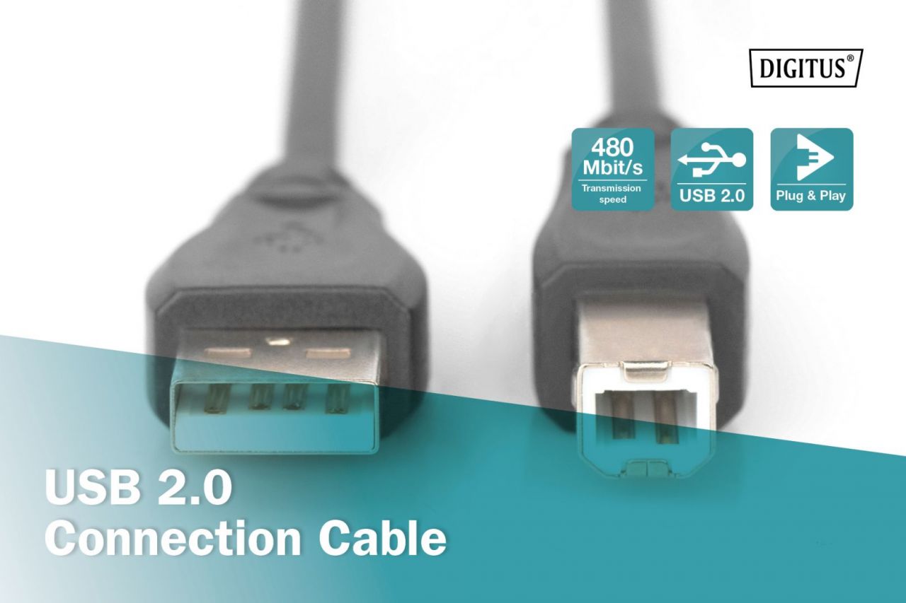 Digitus USB 2.0 connection cable, USB A to USB B 3m Black