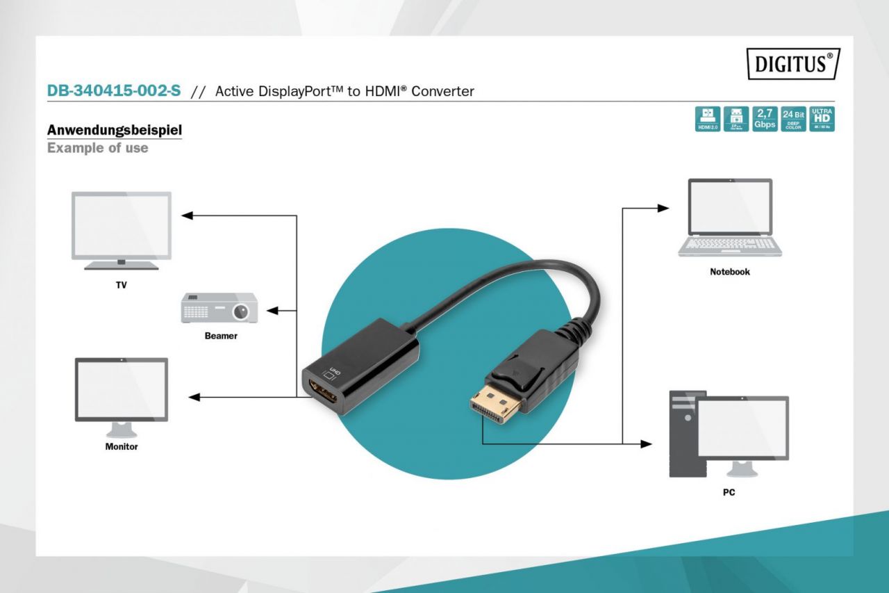 Digitus Active DisplayPort Adapter/Converter DP to HDMI 0,2m Black
