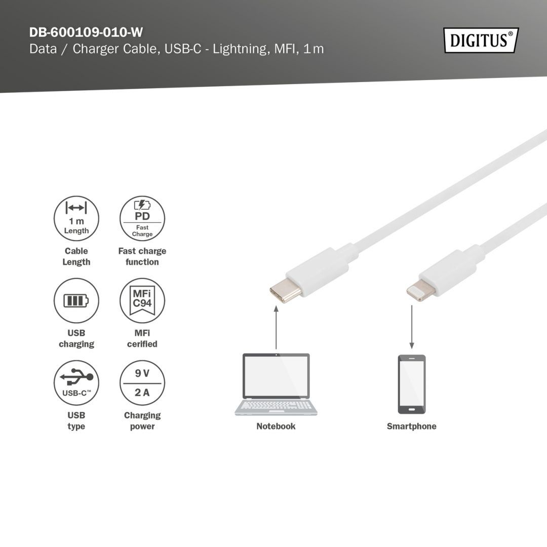 Digitus Data / Charger Cable USB-C - Lightning MFI 1m White