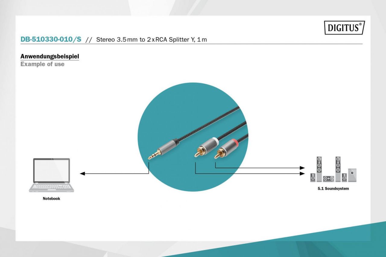 Digitus DB-510330-010-S Audio adapter cable, 3.5 mm stereo jack to RCA 1m Black