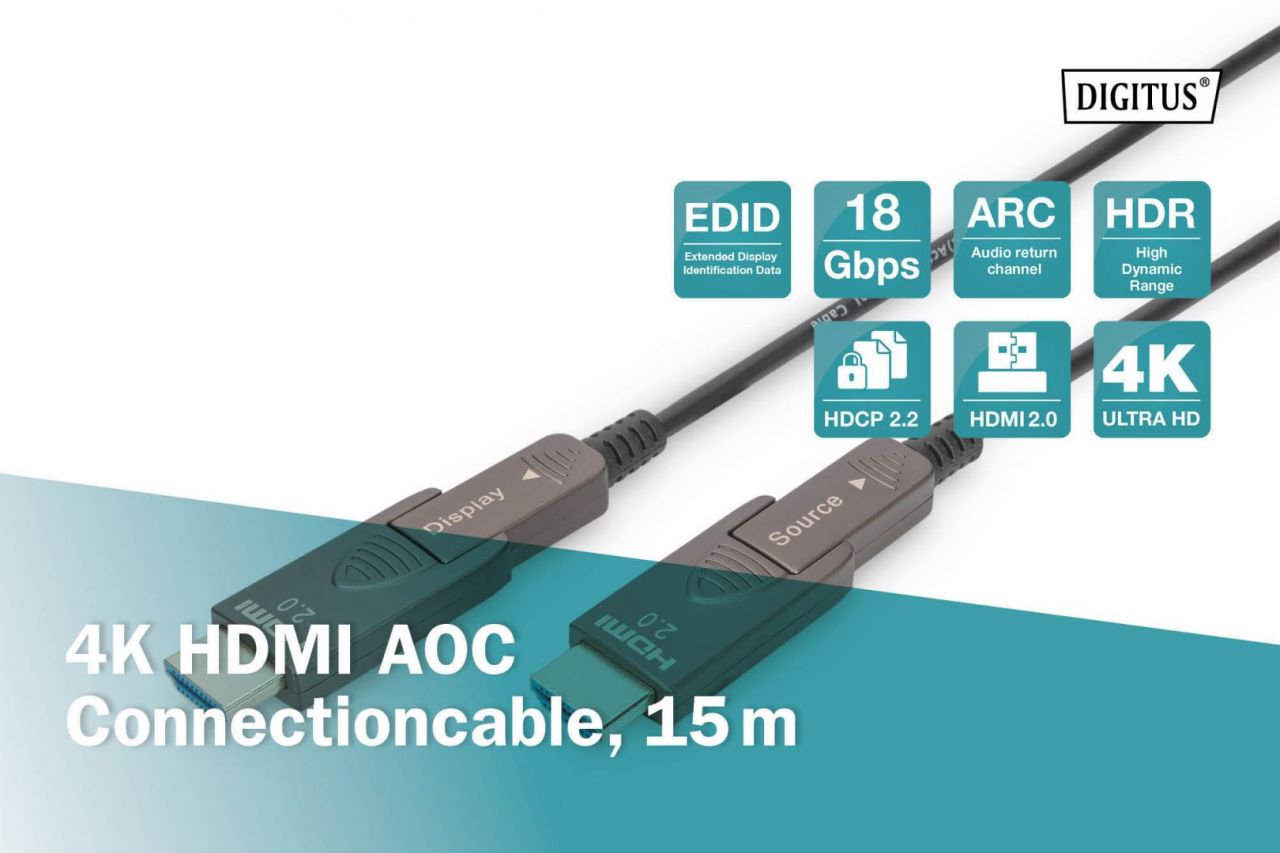 Digitus AK-330127-150-S HDMI AOC Hybrid Fiber Optic Cable with removable plug