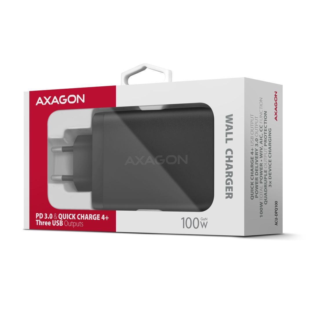 AXAGON ACU-DPQ100 PD3.0 & QC4 Three Outputs wall charger 100W Black