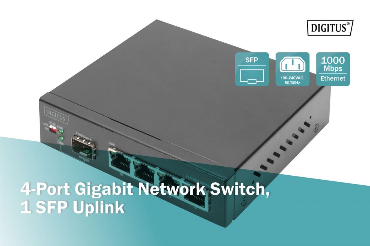 Digitus 4-Port Gigabit Network Switch 1 SFP Uplink Black