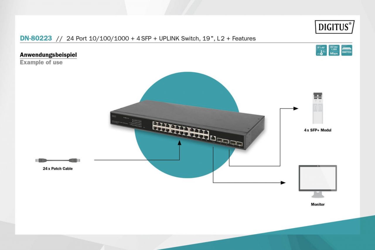 Digitus 24 Port 10/100/1000+4SFP+UPLINK Switch 19" L2+Features