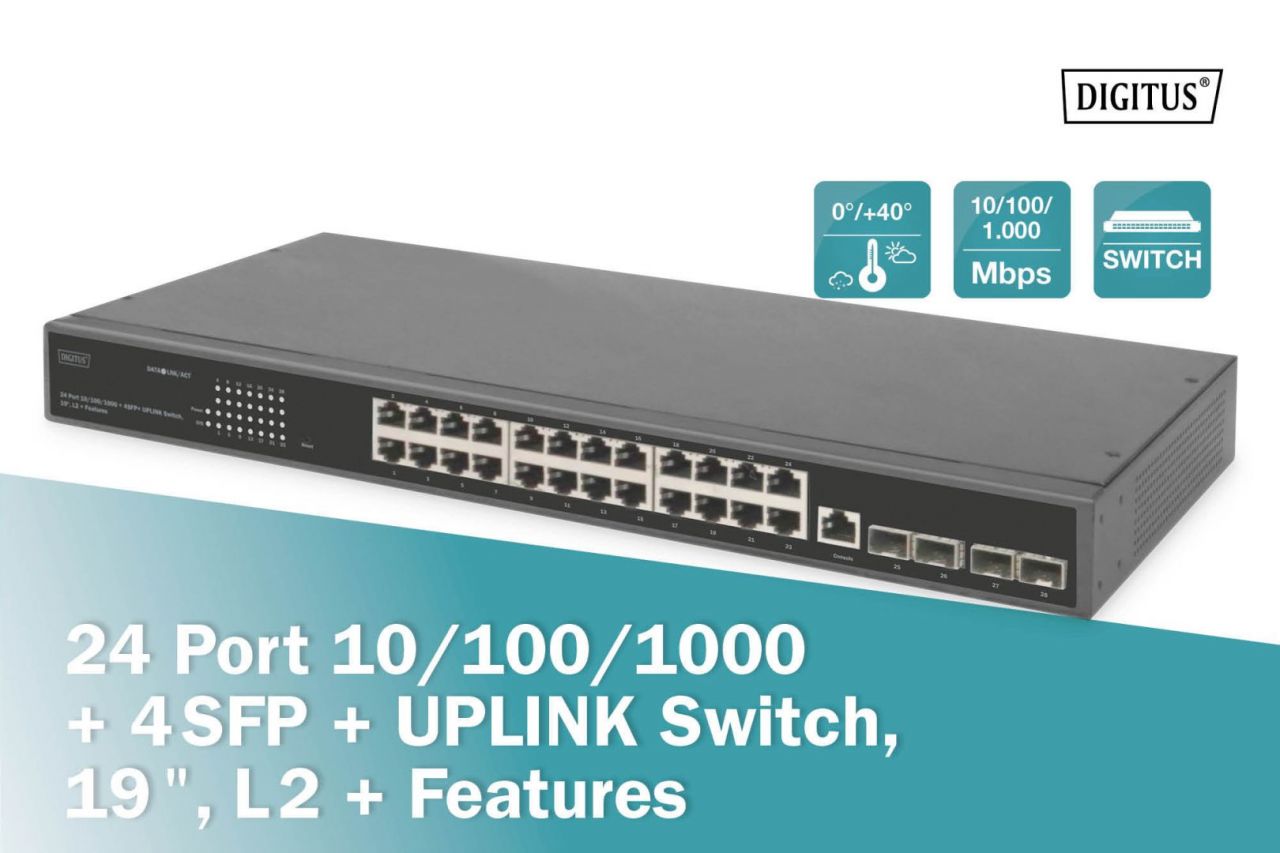 Digitus 24 Port 10/100/1000+4SFP+UPLINK Switch 19" L2+Features