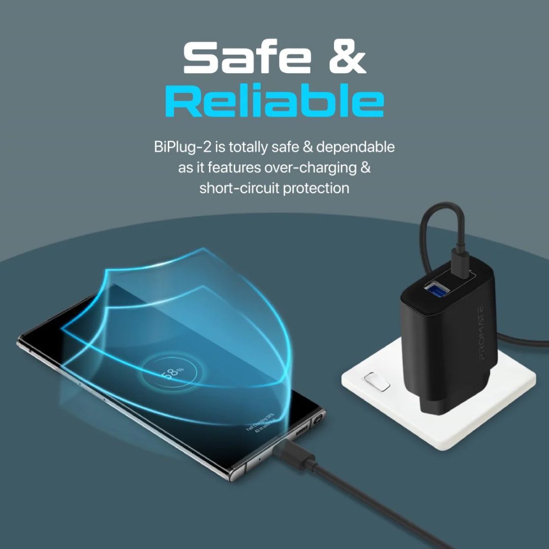 Promate BiPlug-2 17W High-Speed Dual Port Charger Black