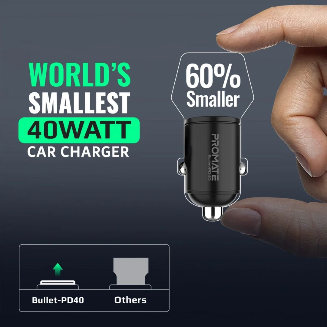 Promate Bullet-PD40 RapidCharge 40W Car Charger with Dual USB-C Power Delivery Ports Black