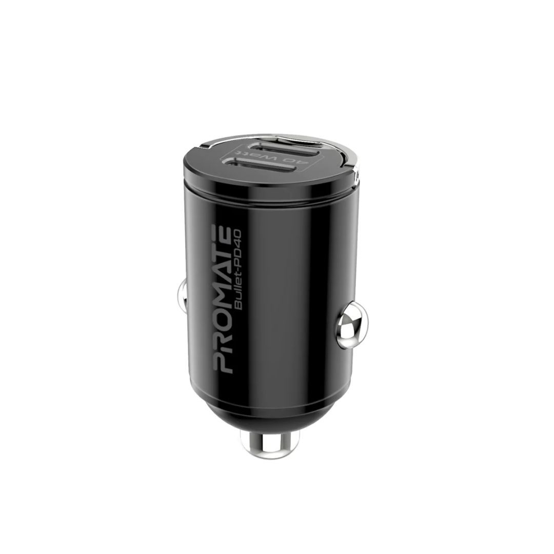 Promate Bullet-PD40 RapidCharge 40W Car Charger with Dual USB-C Power Delivery Ports Black