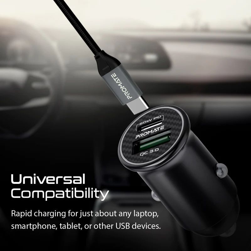 Promate Bullet-PD40 RapidCharge Mini Car Charger with 60W Power Delivery & Quick Charge 3.0 Black