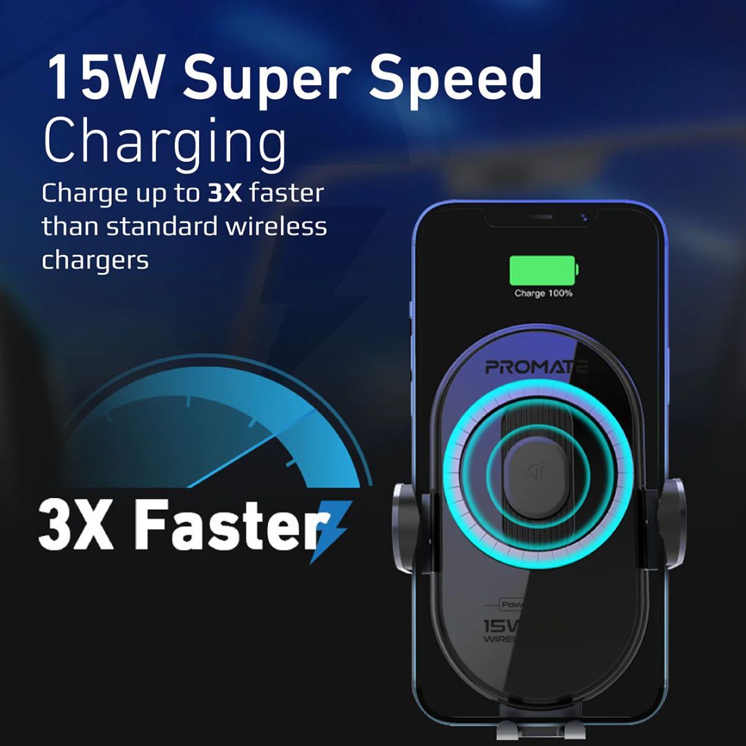 Promate PowerMount-15W 15W Smart Sensor Car Wireless Charger Black