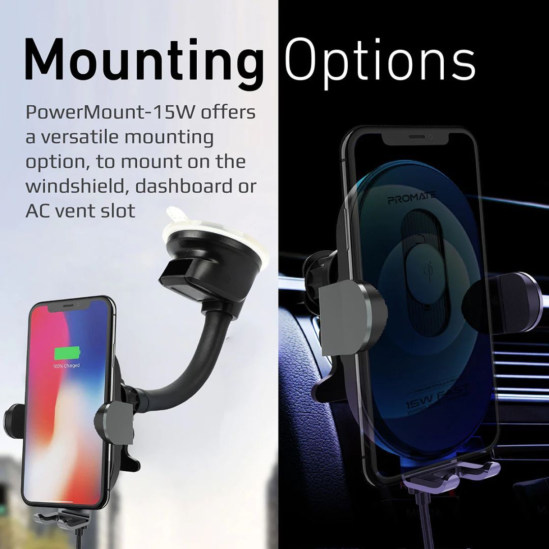 Promate PowerMount-15W 15W Smart Sensor Car Wireless Charger Black