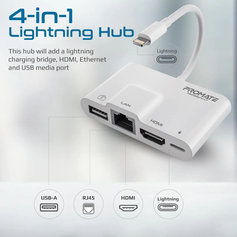 Promate MediaSync-LT 4-in-1 Multimedia Hub with Lightning Connector White