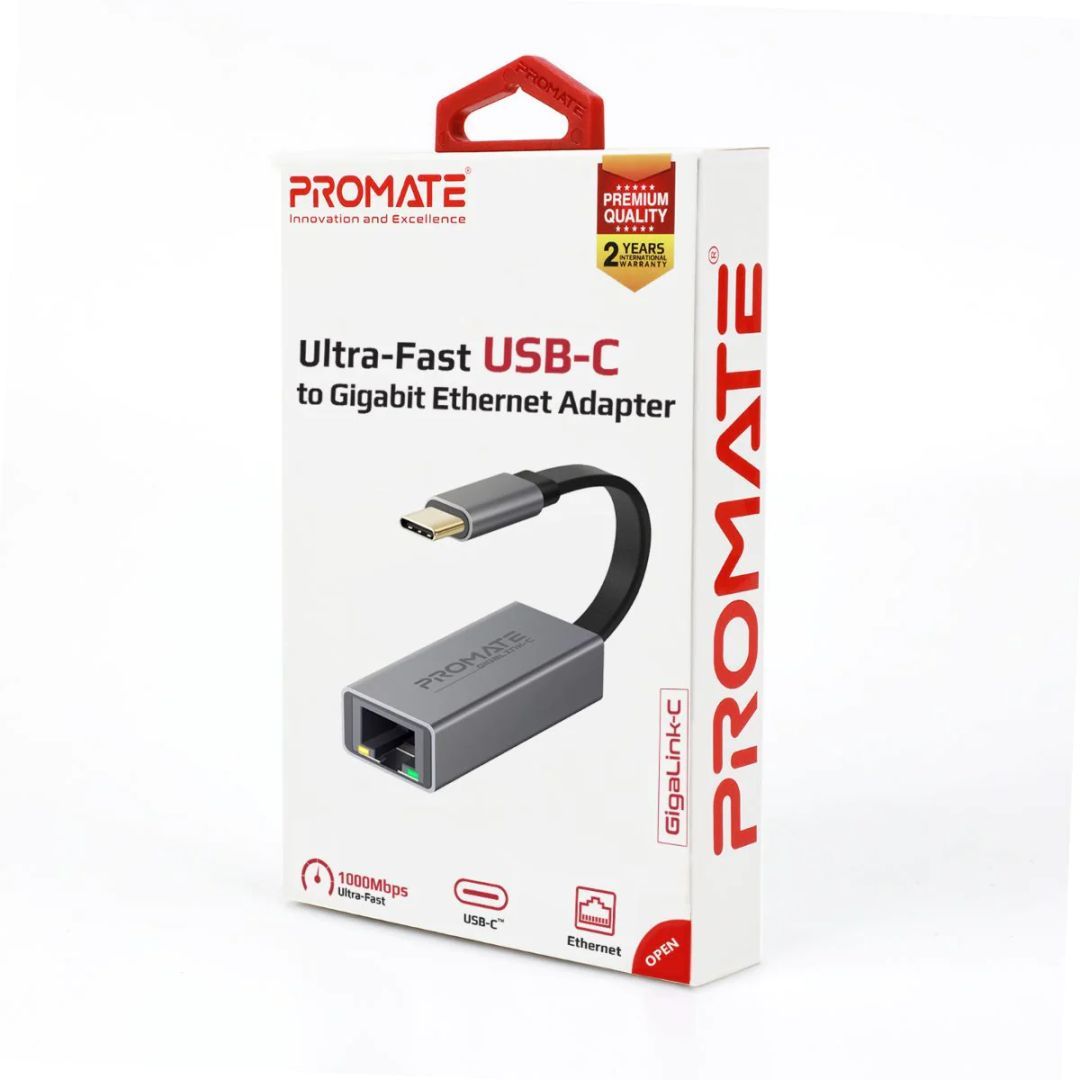 Promate GigaLink-C High Speed USB-C to Gigabit Ethernet Adapter Grey