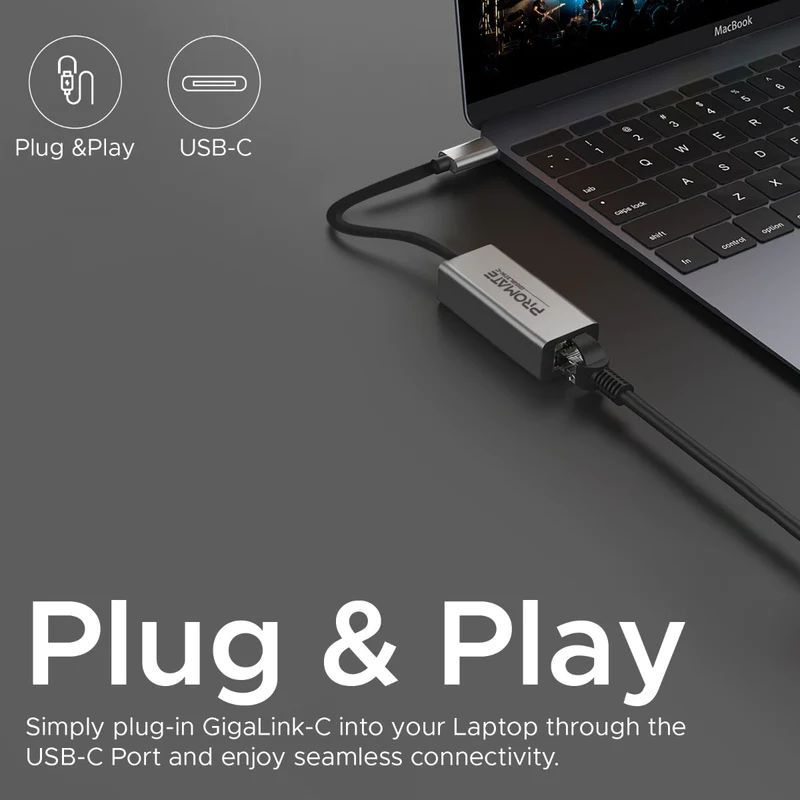 Promate GigaLink-C High Speed USB-C to Gigabit Ethernet Adapter Grey