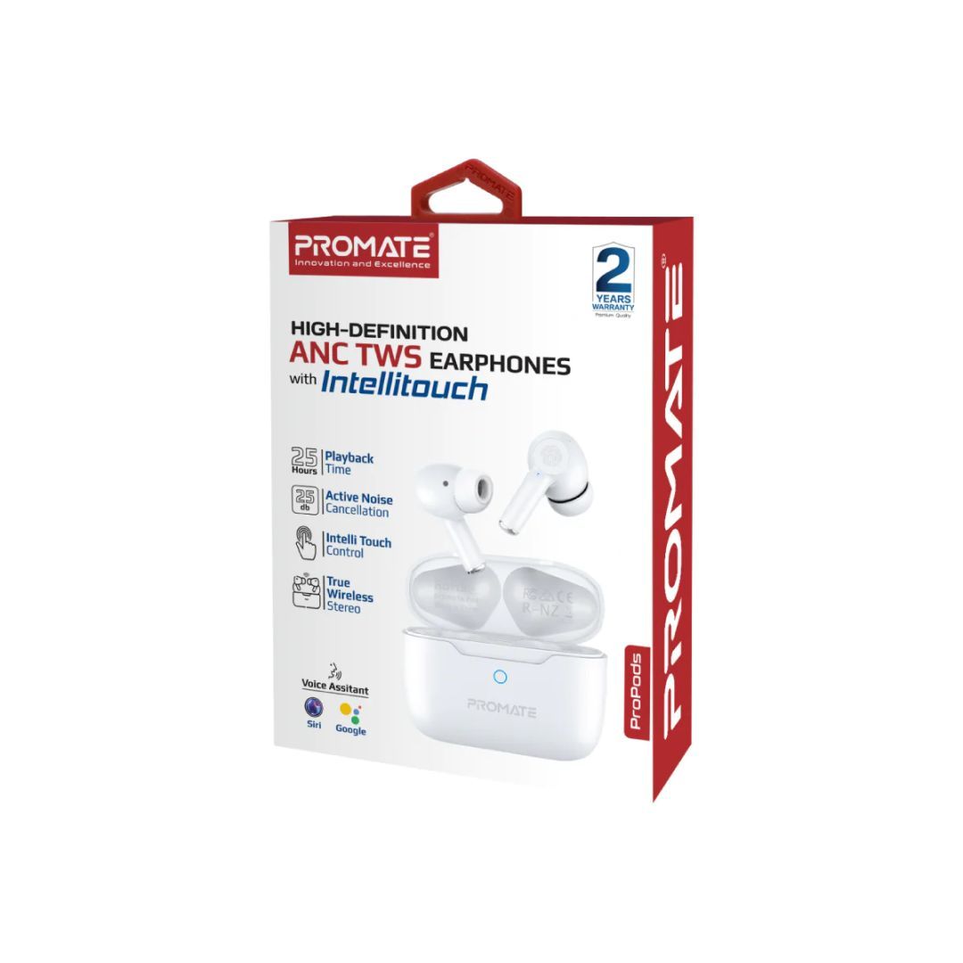 Promate ProPods High-Definition ANC TWS Earphones with intellitouch Headset White