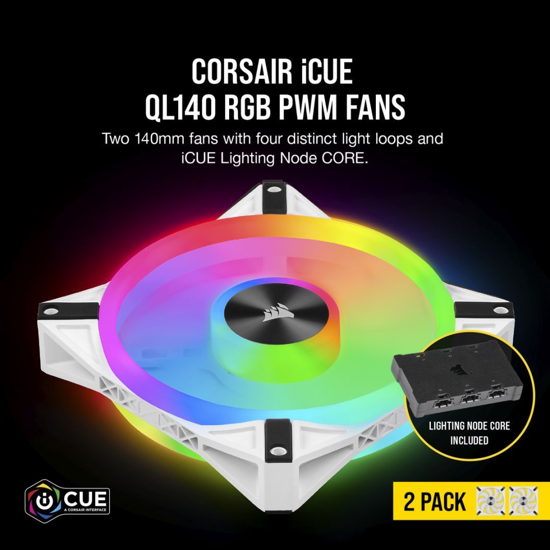 Corsair iCUE QL140 RGB PWM White Dual Fan Kit with Lighting Node CORE