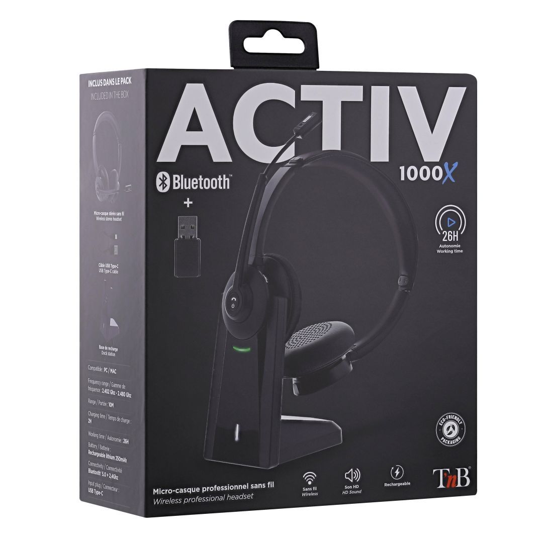 TnB Activ 1000X Bluetooth & Wireless Headset + Dongle Charging Base Black