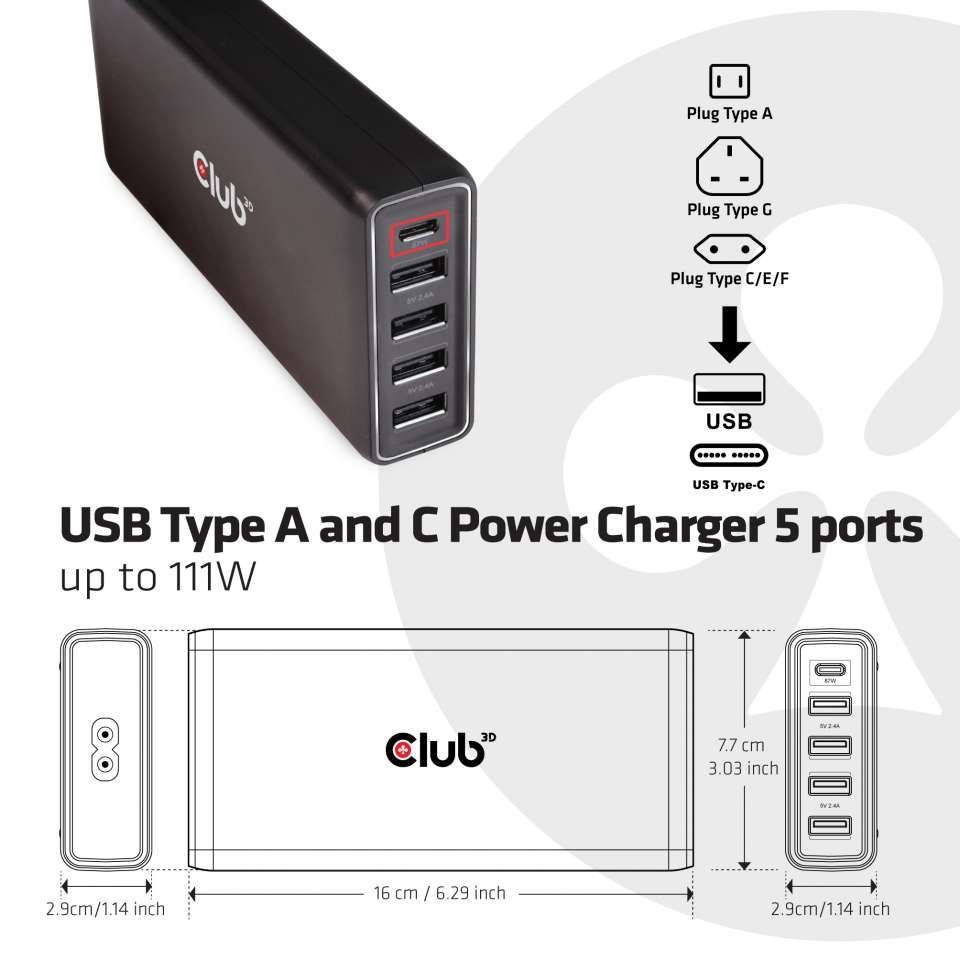 Club3D USB Type A and C Power Charger 5 ports up to 111W Black
