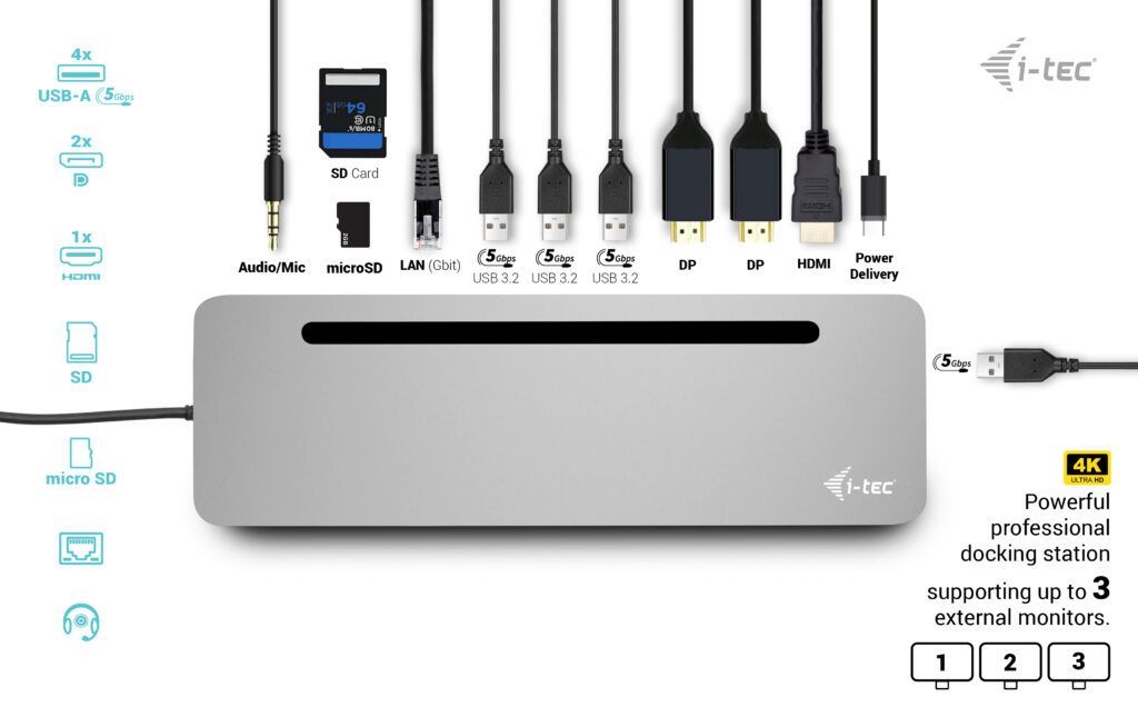 I-TEC USB-C Metal Ergonomic 3x4K Display Docking Station+Power Delivery 100W Grey