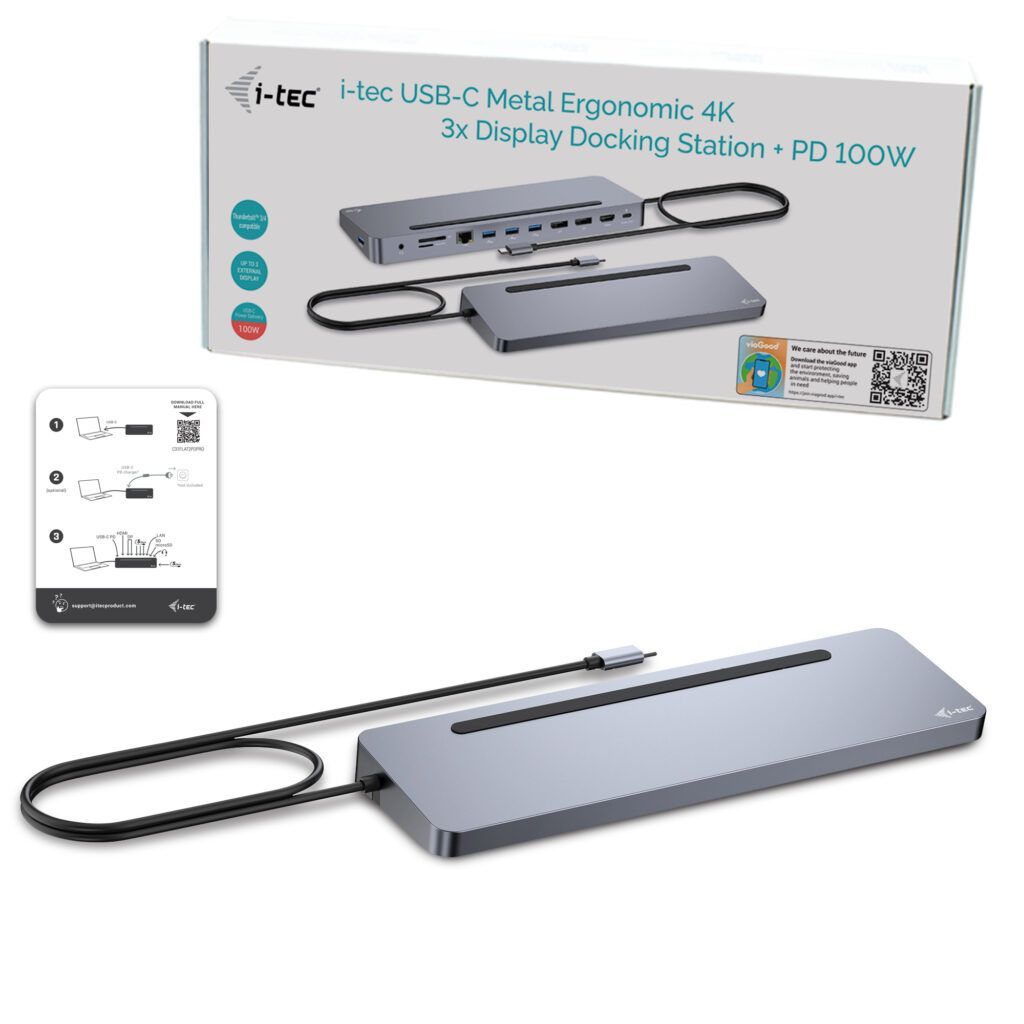 I-TEC USB-C Metal Ergonomic 3x4K Display Docking Station+Power Delivery 100W Grey