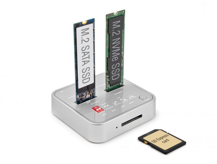 DeLock Docking Station for 1 x M.2 NVMe SSD + 1 x M.2 SATA SSD with SD Express (SD 7,1) Card Reader and Clone Function