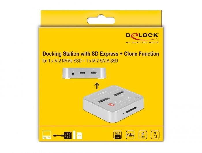 DeLock Docking Station for 1 x M.2 NVMe SSD + 1 x M.2 SATA SSD with SD Express (SD 7,1) Card Reader and Clone Function