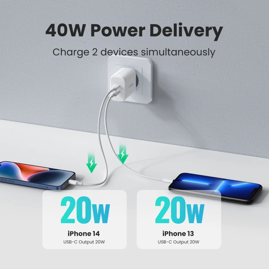 UGREEN 40W Dual USB-C Charger - 2 Ports White