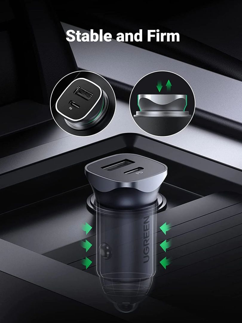 UGREEN 24W USB-C Car Charger with PD & QC 3.0 Dual Ports Space Gray