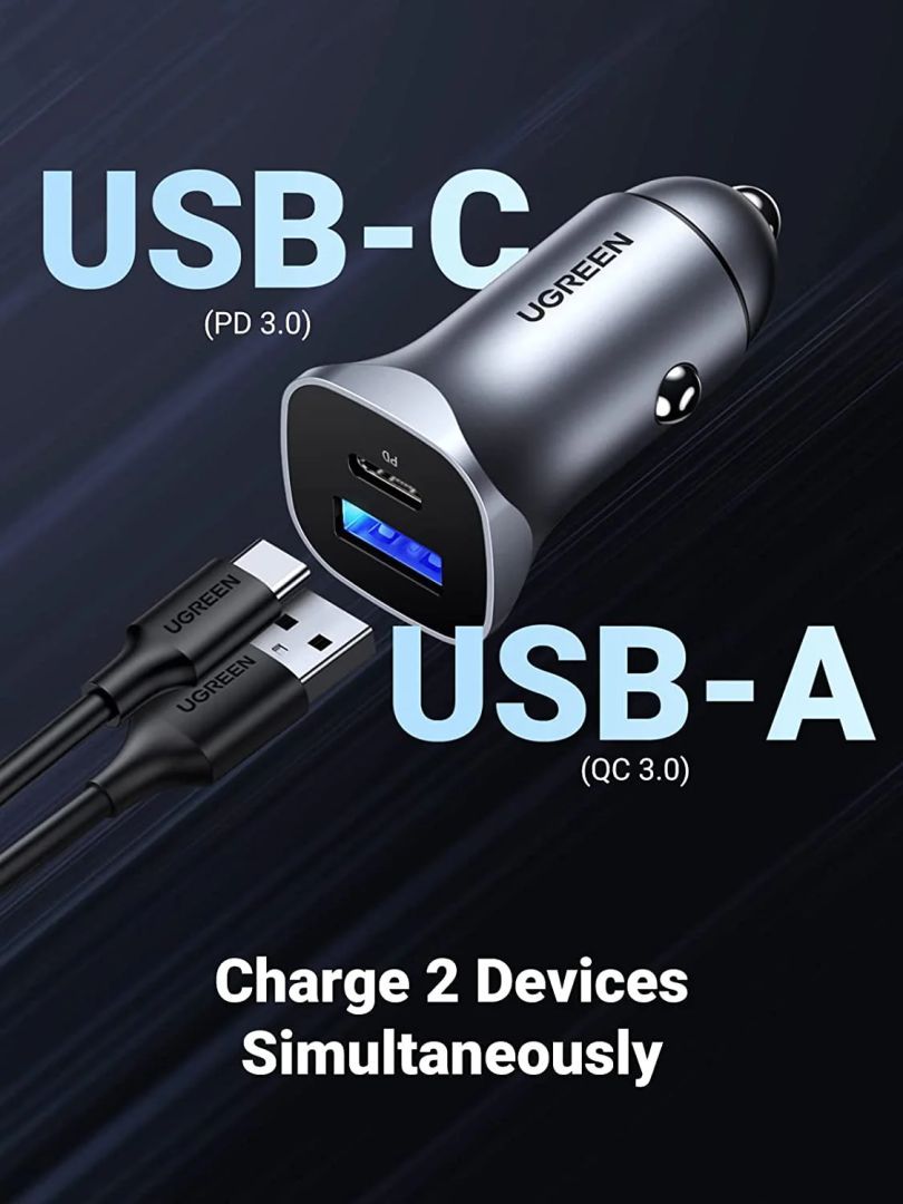 UGREEN 24W USB-C Car Charger with PD & QC 3.0 Dual Ports Space Gray