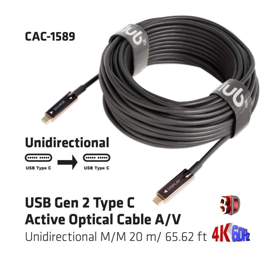 Club3D USB Gen 2 Type C 4K60Hz Active Optical Cable A/V Unidirectional M/M 20m Black