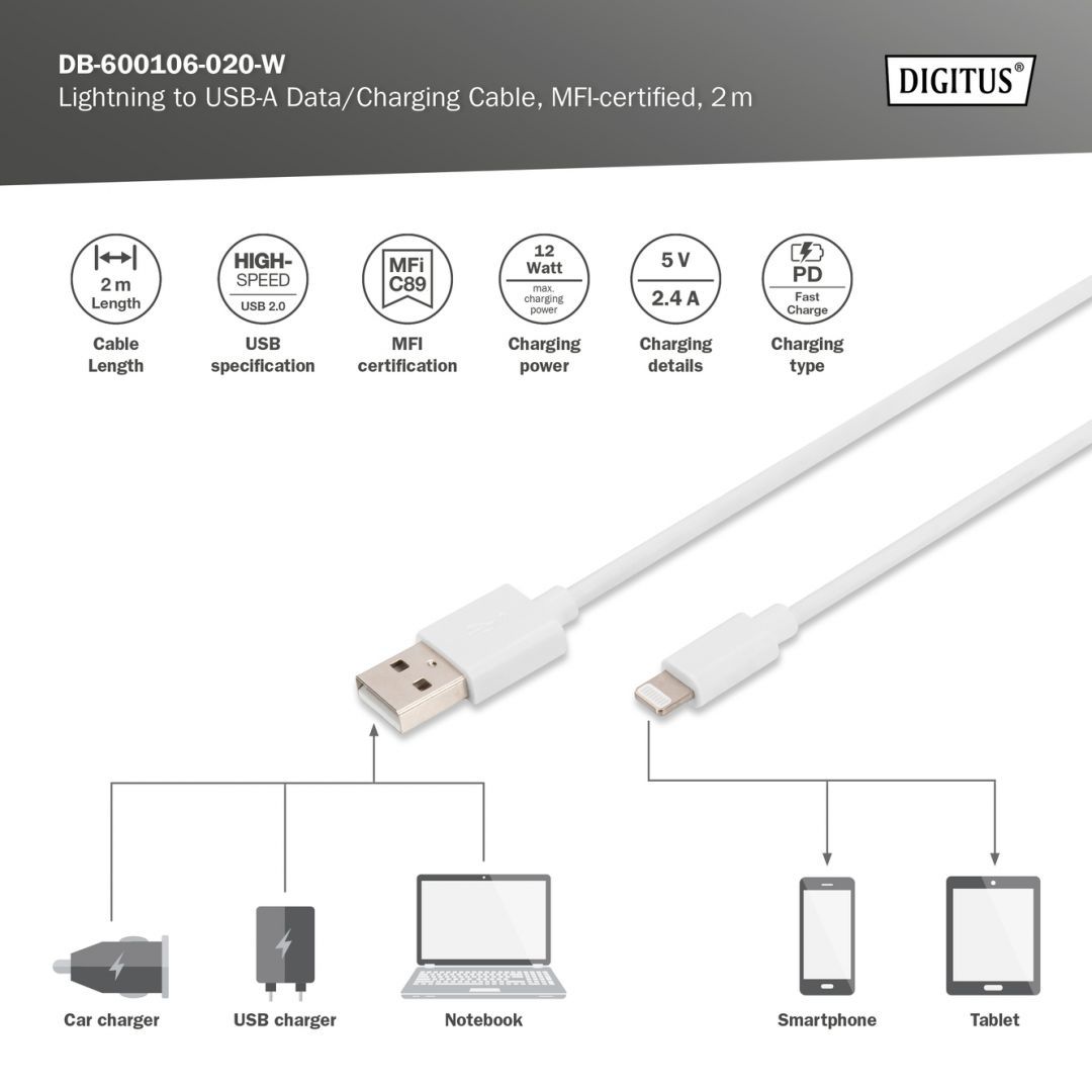 Digitus Lightning to USB-A data/charging cable MFI-certified 2m White