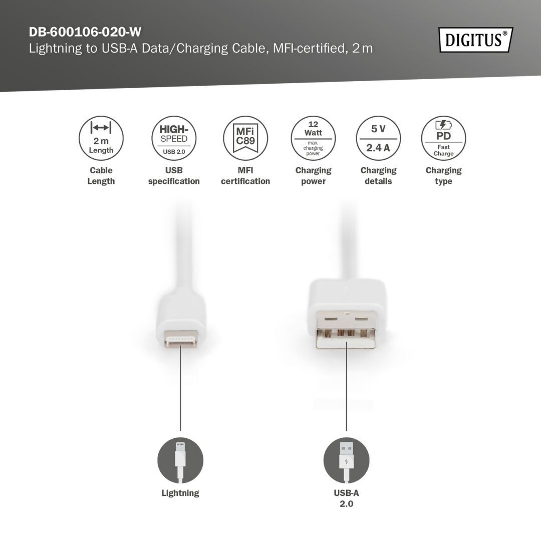 Digitus Lightning to USB-A data/charging cable MFI-certified 2m White
