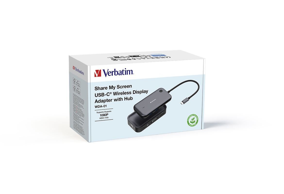 Verbatim WDA-01 Share My Screen 1080p USB-C Wireless Display Adapter with Hub Black