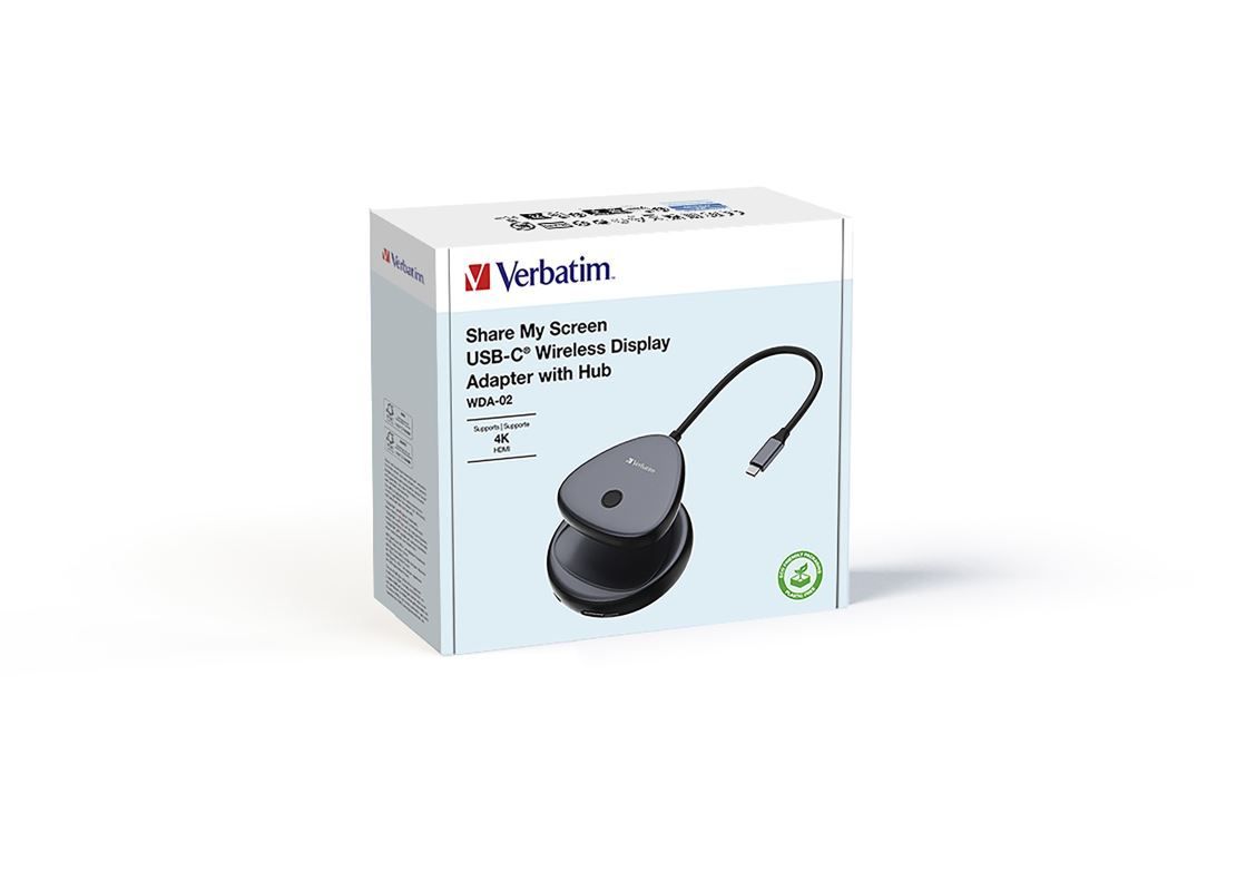 Verbatim WDA-02 Share My Screen 4K USB-C Wireless Display Adapter with Hub Black