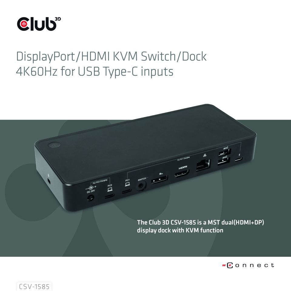 Club3D CSV-1585 DisplayPort/HDMI KVM Switch/Dock 4K60Hz For USB Type-C inputs Black