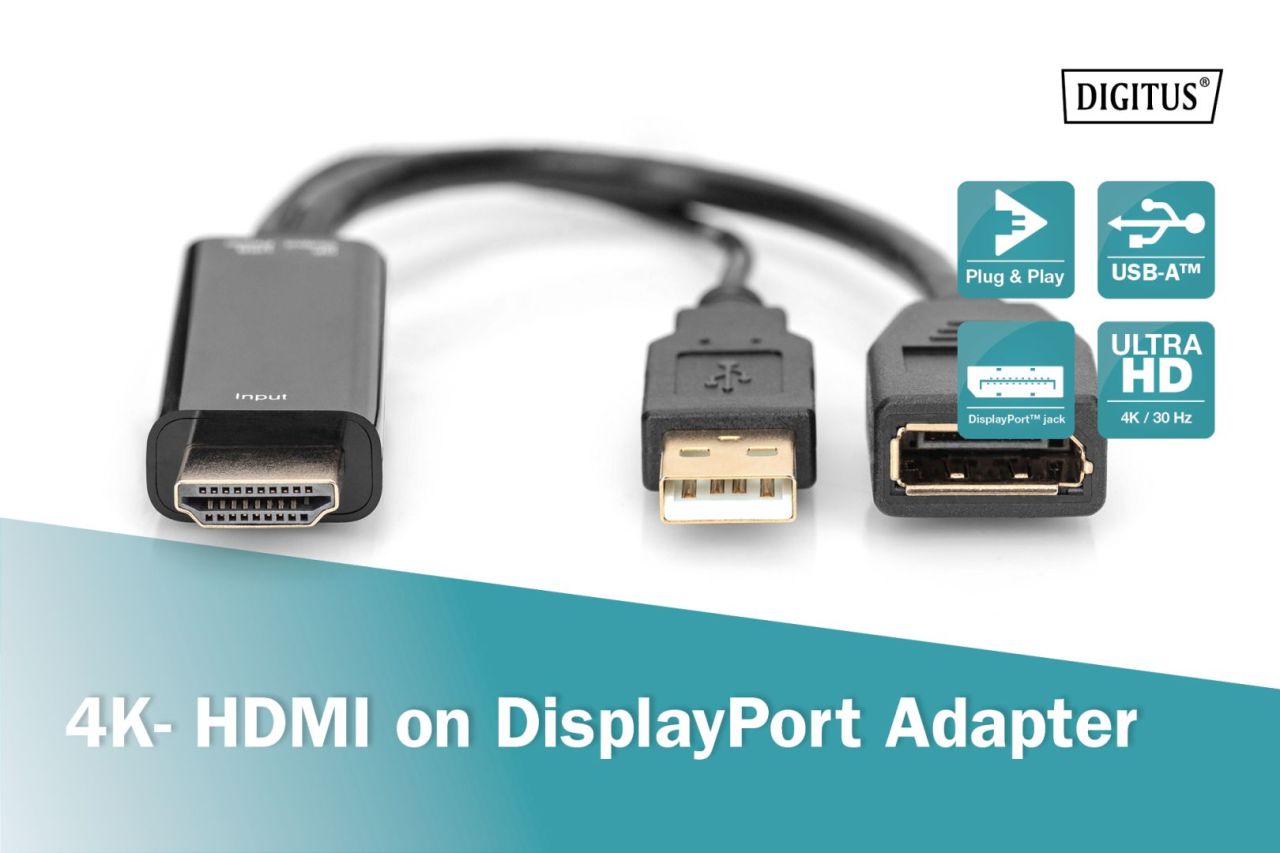 Digitus HDMI M to DP F with external Power 4K@30Hz. 0,2m Black