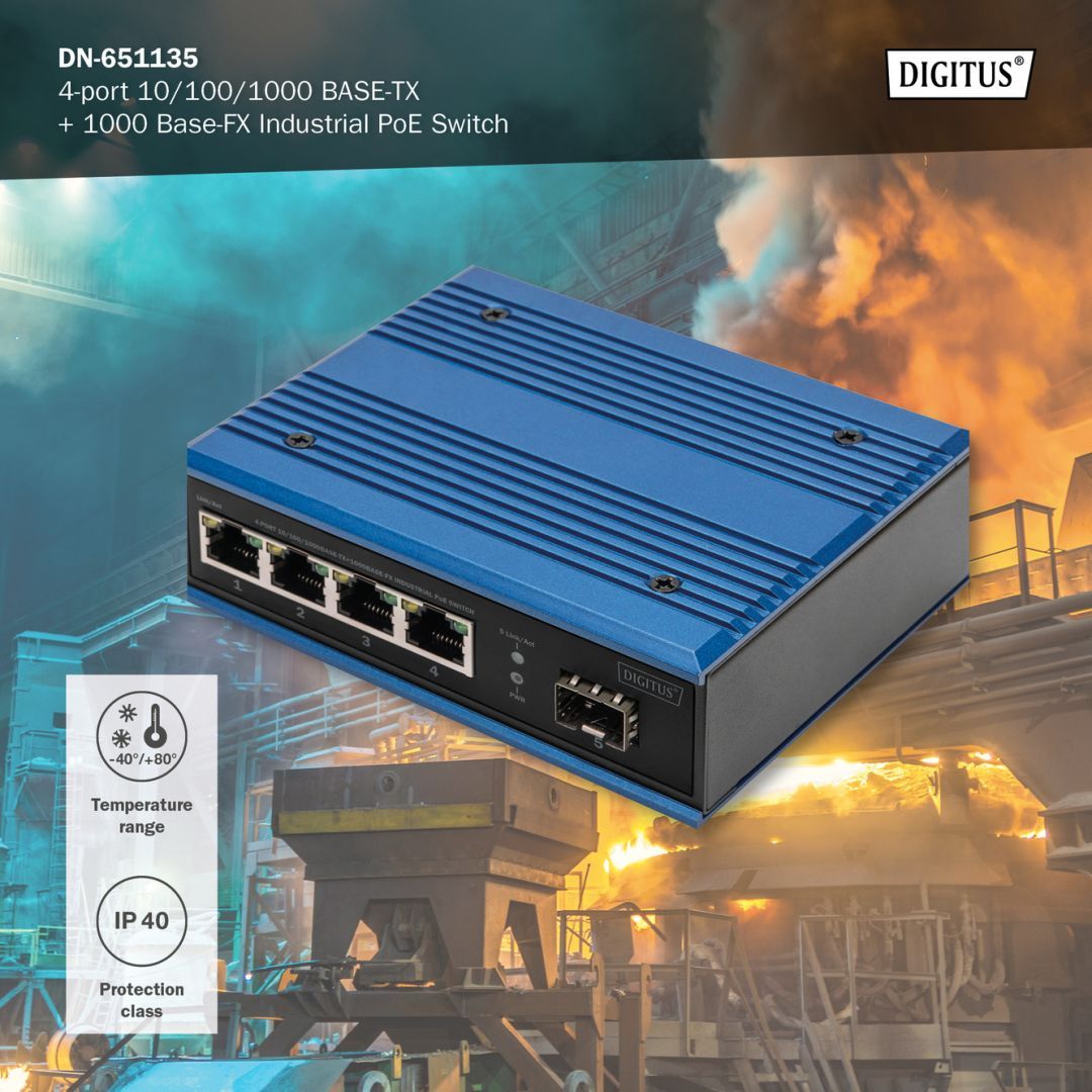 Digitus DN-651135 4 Port Gigabit Ethernet Network PoE Switch Industrial Unmanaged 1 SFP Uplink