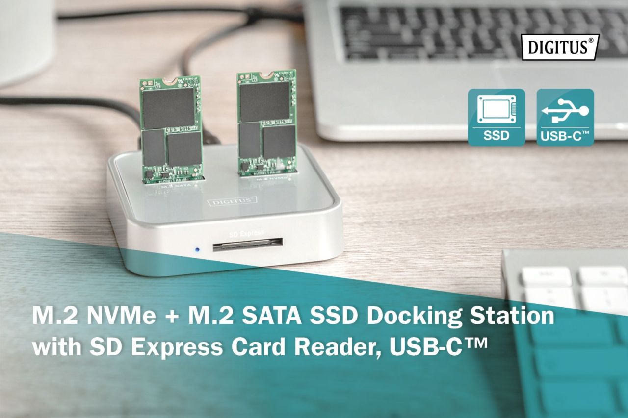 Digitus M.2 NVMe + M.2 SATA SSD Docking Station with SD Express Card Reader USB-C White