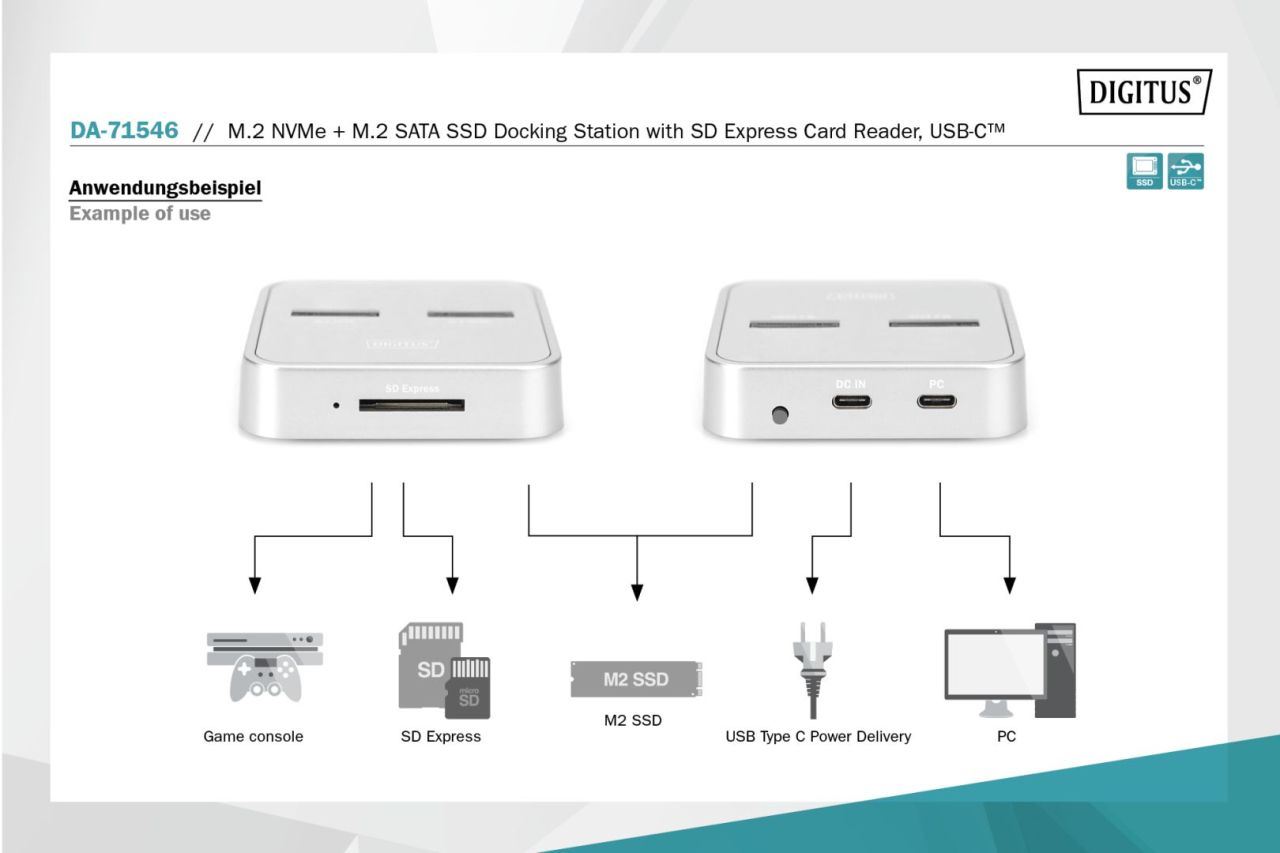 Digitus M.2 NVMe + M.2 SATA SSD Docking Station with SD Express Card Reader USB-C White