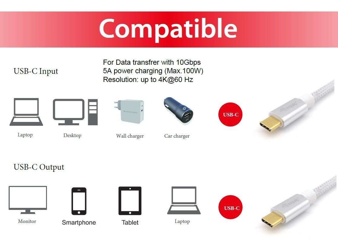 EQuip USB-C 3.2 Gen2 to USB-C 100W cable 0,5m White