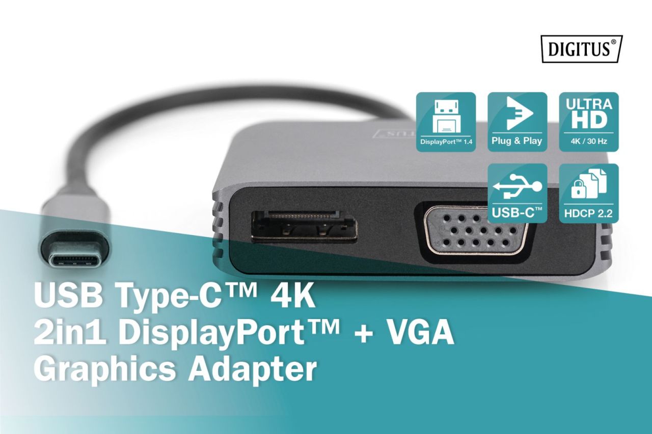 Digitus USB Type-C 4K 2-in-1 DisplayPort + VGA Graphics Adapter Silver